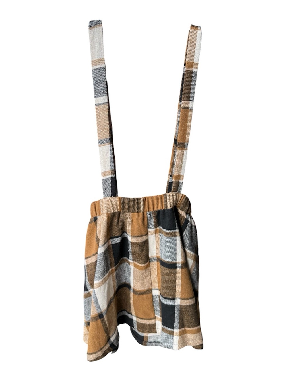 SHEIN Plaid Suspender Skirt in Mustard, Black & White